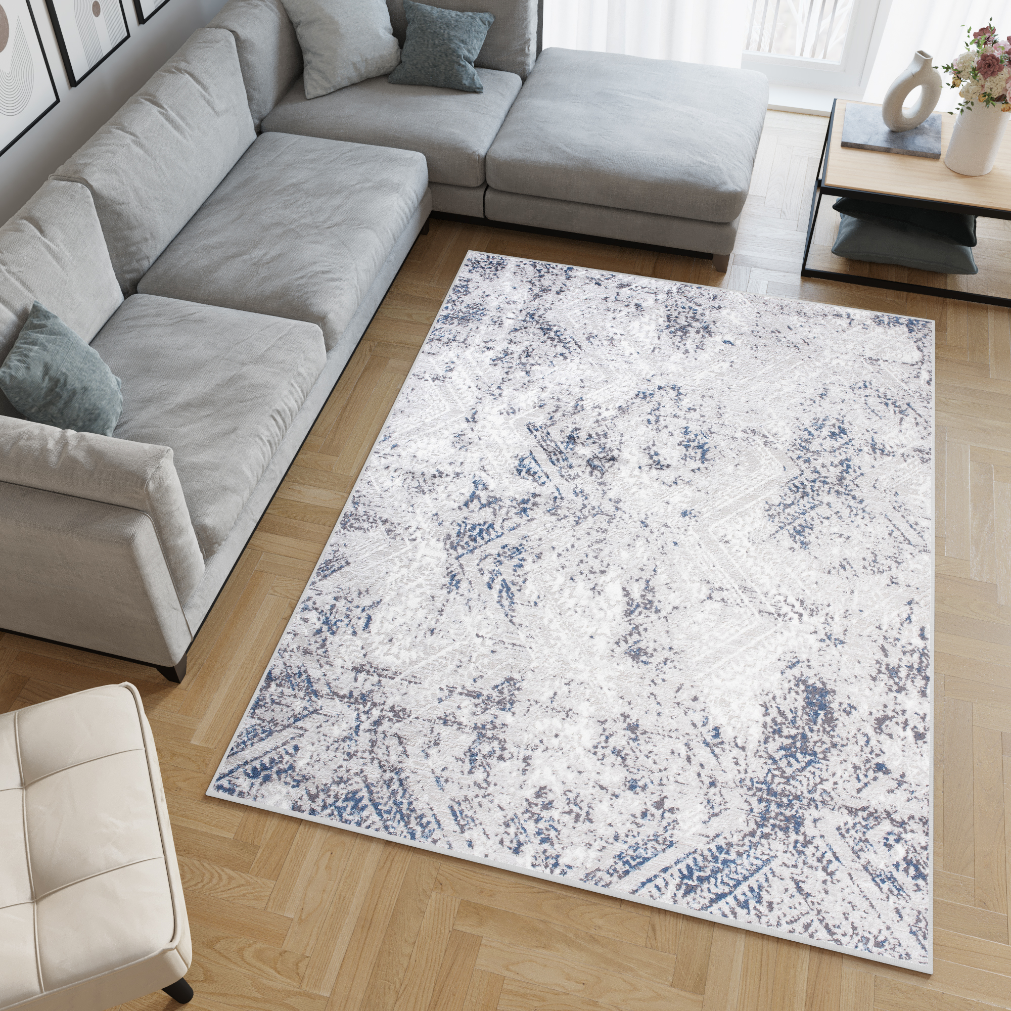 Vloerkleed Sky Blauw Creme Vintage Diamanten