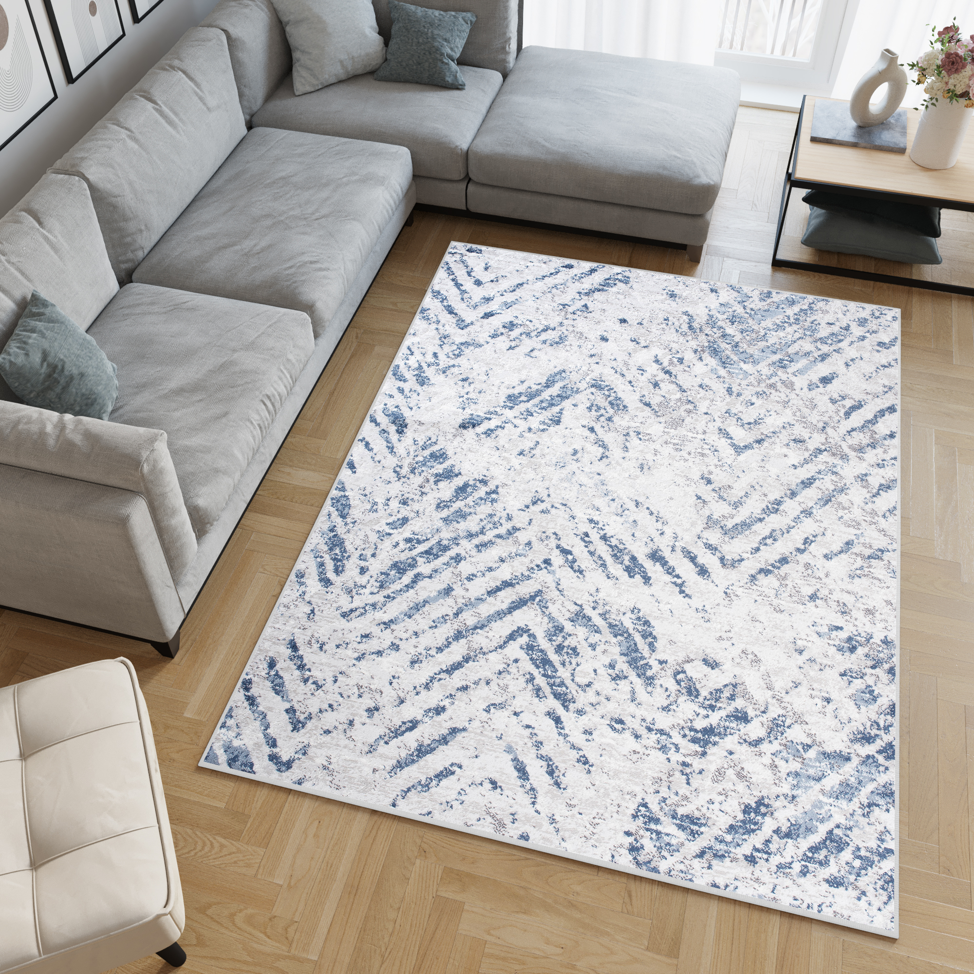 Vloerkleed Sky Blauw Creme Modern Zigzag