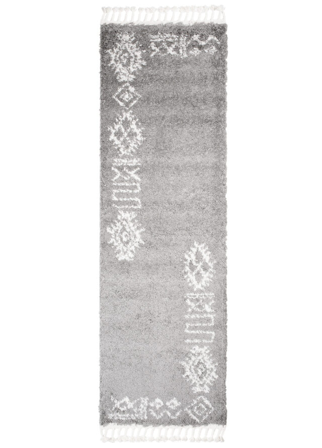 Tapijt Loper Boho met Franjes Grijs Ethno Hoogpolig