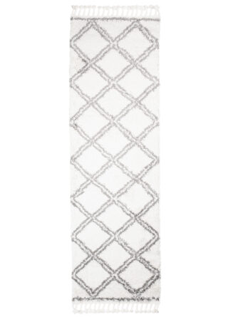 Tapijt Loper Boho met Franjes Creme Geruit Hoogpolig