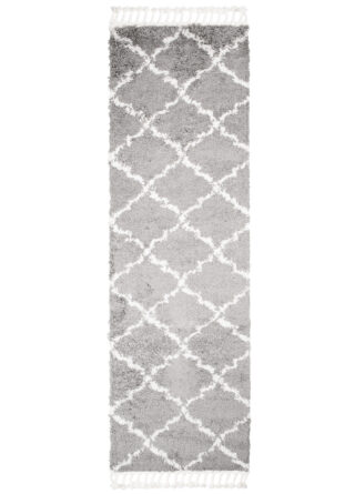 Tapijt Loper Boho met Franjes Grijs Trellis Hoogpolig