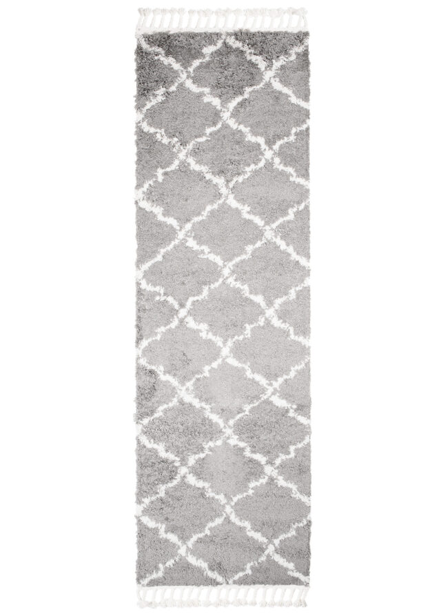 Tapijt Loper Boho met Franjes Grijs Trellis Hoogpolig