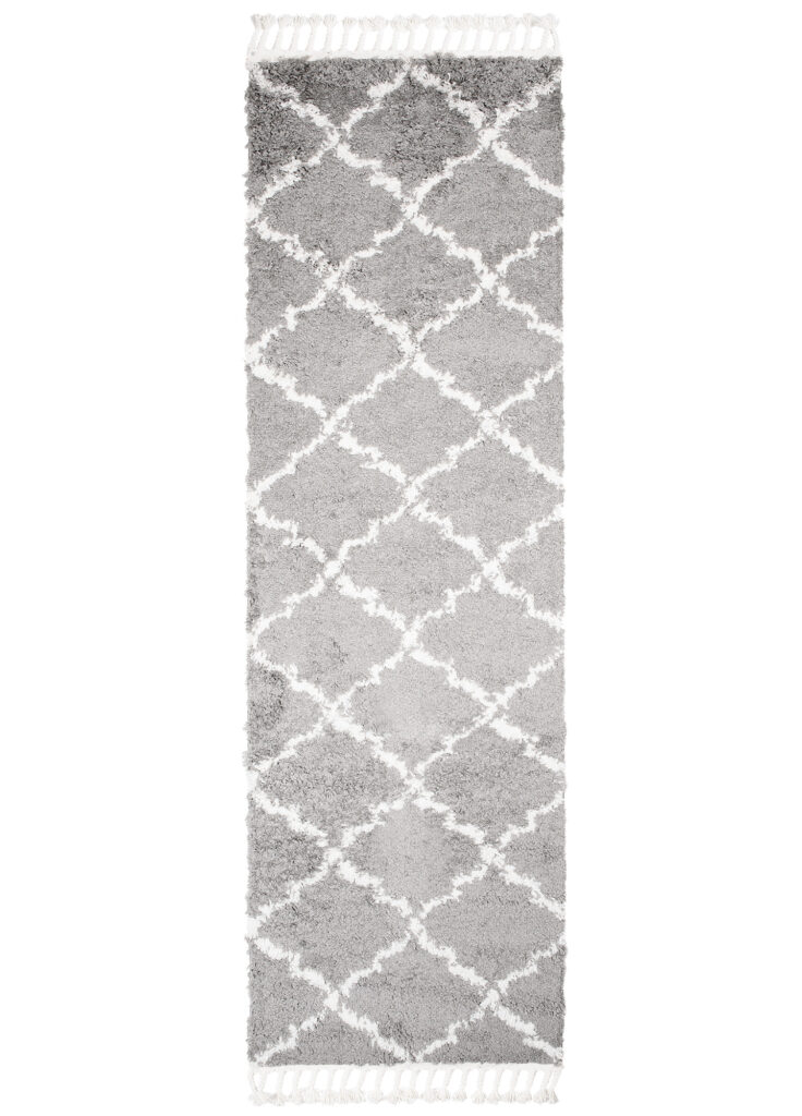 Tapijt Loper Boho met Franjes Grijs Trellis Hoogpolig