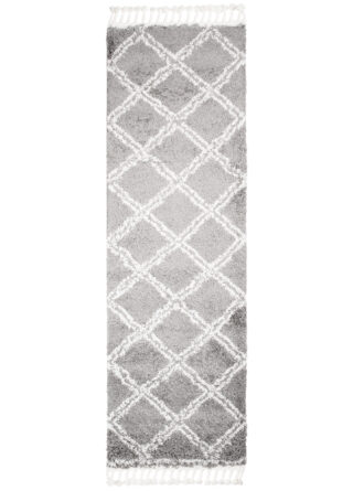 Tapijt Loper Boho met Franjes Grijs Geruit Hoogpolig