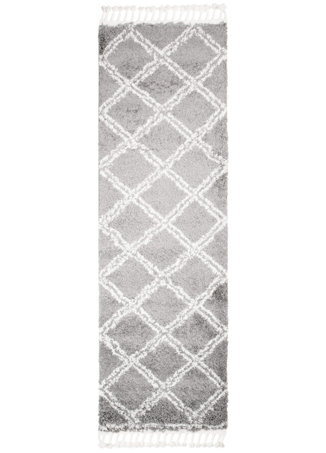 Tapijt Loper Boho met Franjes Grijs Geruit Hoogpolig