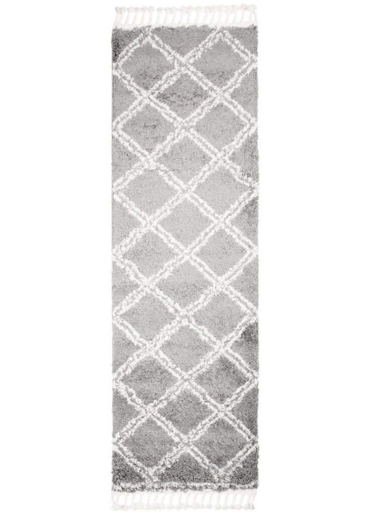 Tapijt Loper Boho met Franjes Grijs Geruit Hoogpolig