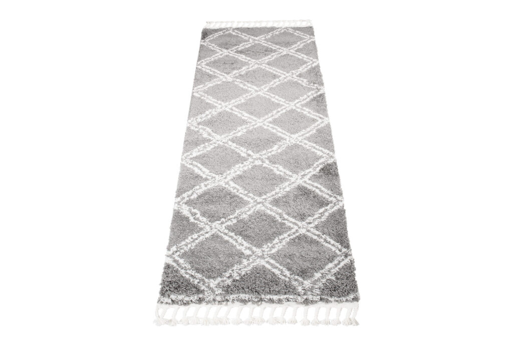 Tapijt Loper Boho met Franjes Grijs Geruit Hoogpolig