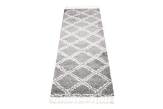Tapijt Loper Boho met Franjes Grijs Geruit Hoogpolig
