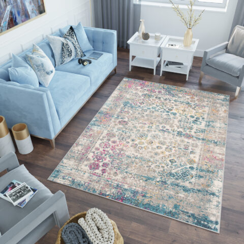 Vloerkleed Lazur Blauw Grijs Vintage Gebloemd