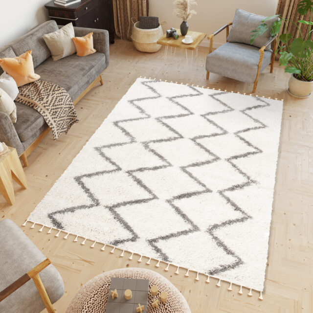 Vloerkleed Boho met Franjes Creme Zigzag Hoogpolig