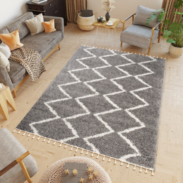 Vloerkleed Boho met Franjes Grijs Zigzag Hoogpolig