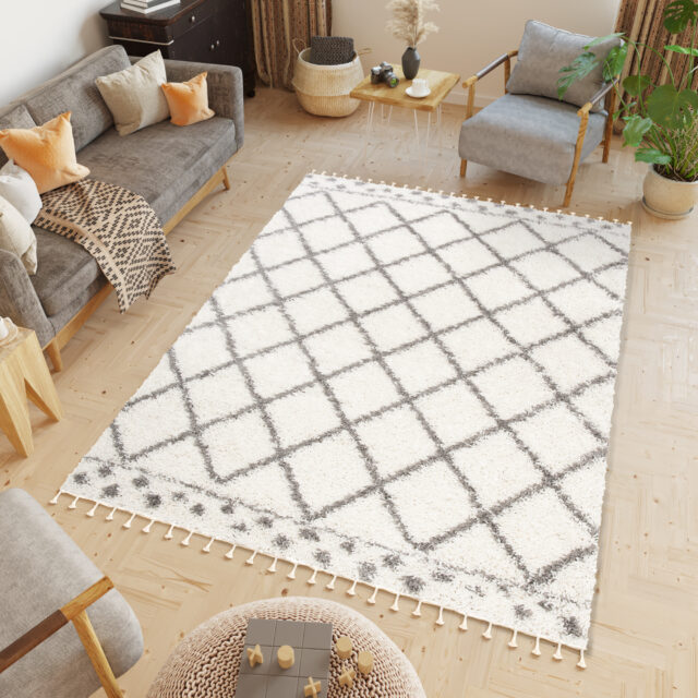 Vloerkleed Boho met Franjes Creme Geruit Stippen Hoogpolig