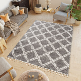 Vloerkleed Boho met Franjes Grijs Geruit Hoogpolig