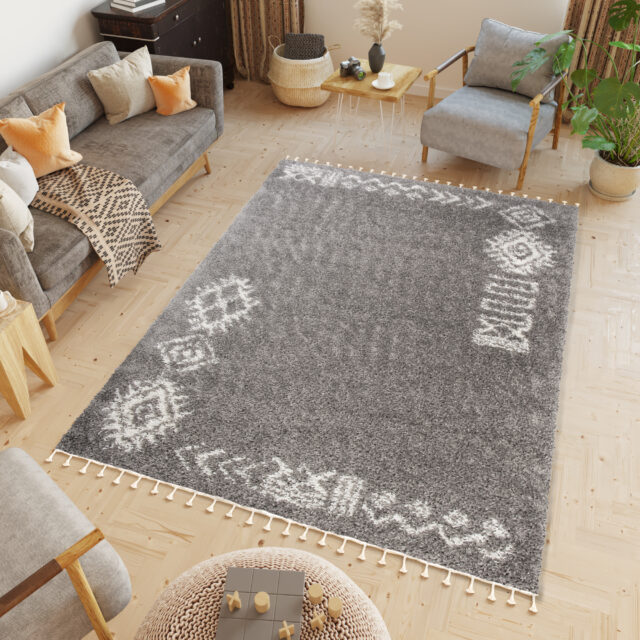 Vloerkleed Boho met Franjes Grijs Ethno Hoogpolig