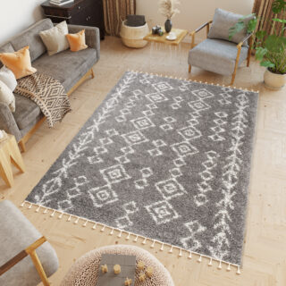 Vloerkleed Boho met Franjes Grijs Geometrisch Hoogpolig