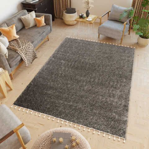 Vloerkleed Boho met Franjes Taupe Grijs Hoogpolig