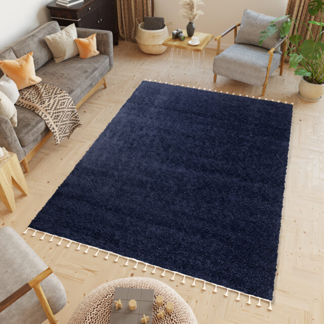 Vloerkleed Boho met Franjes Marineblauw Hoogpolig