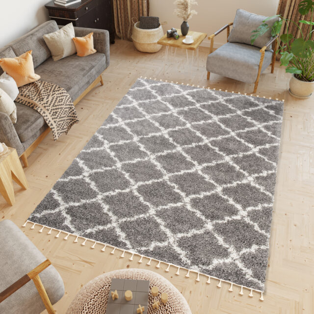 Vloerkleed Boho met Franjes Grijs Trellis Hoogpolig