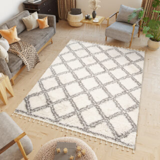 Vloerkleed Boho met Franjes Creme Geruit Hoogpolig