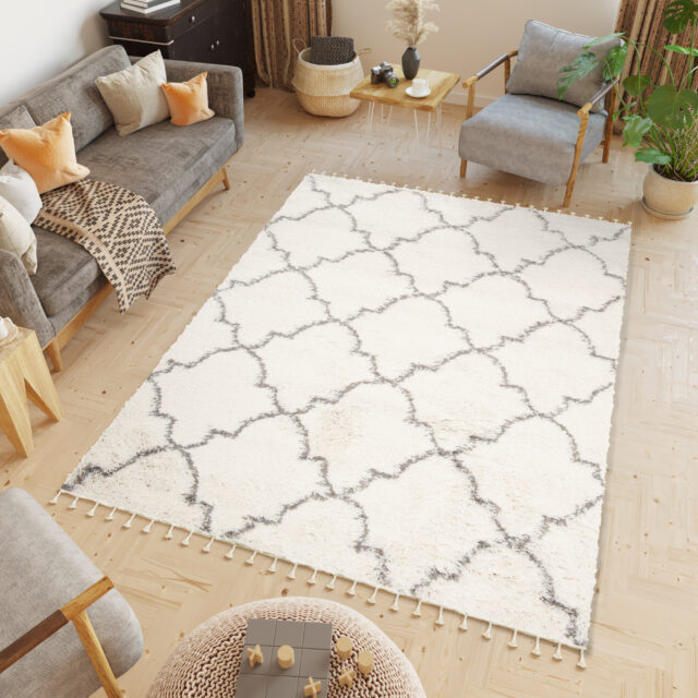Vloerkleed Boho met Franjes Creme Marokkaanse Klaver