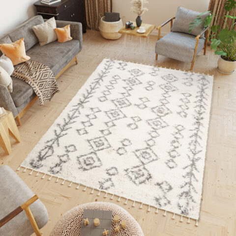 Vloerkleed Boho met Franjes Creme Geometrisch Hoogpolig
