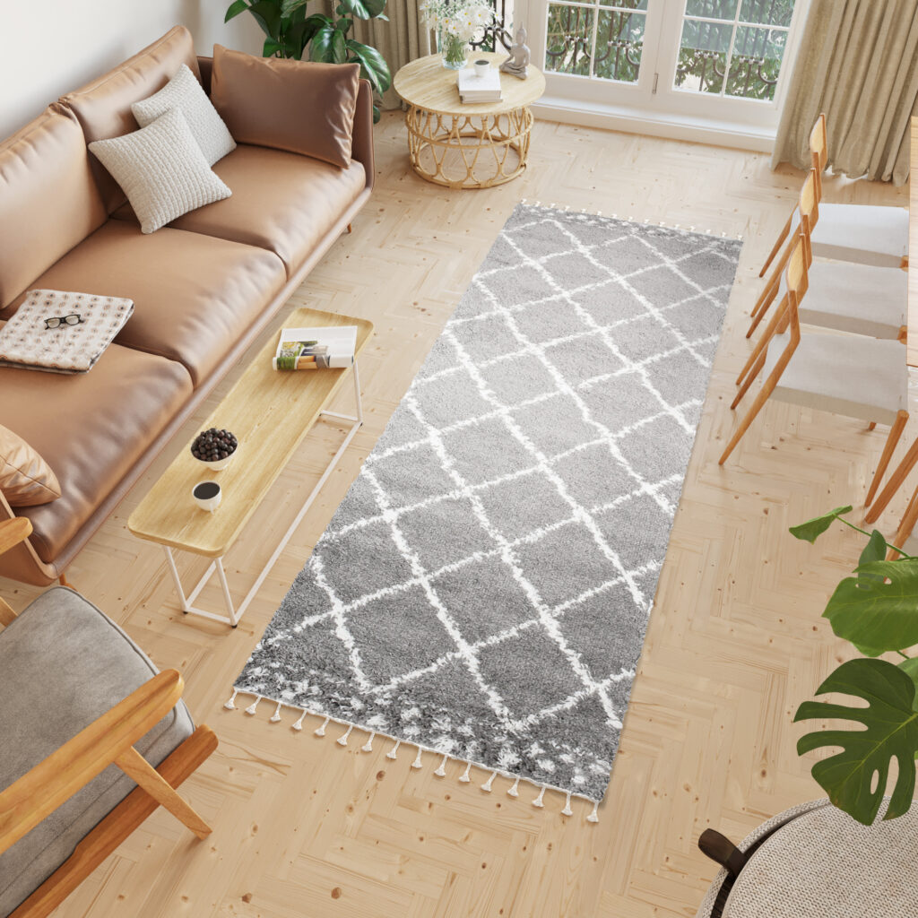 Tapijt Loper Boho met Franjes Grijs Geruit Stippen Hoogpolig