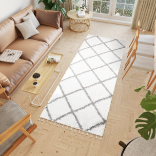Tapijt Loper Boho met Franjes Creme Ruiten Hoogpolig