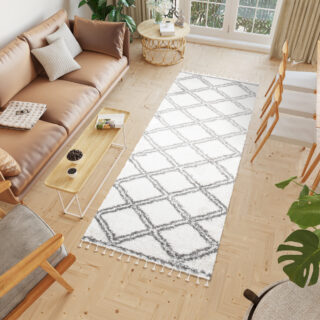 Tapijt Loper Boho met Franjes Creme Geruit Hoogpolig