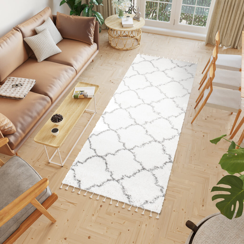 Tapijt Loper Boho met Franjes Creme Marokkaanse Klaver