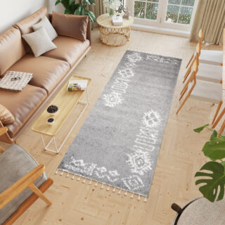 Tapijt Loper Boho met Franjes Grijs Ethno Hoogpolig