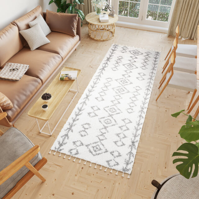 Tapijt Loper Boho met Franjes Creme Geometrisch Hoogpolig
