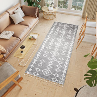 Tapijt Loper Boho met Franjes Grijs Geometrisch Hoogpolig