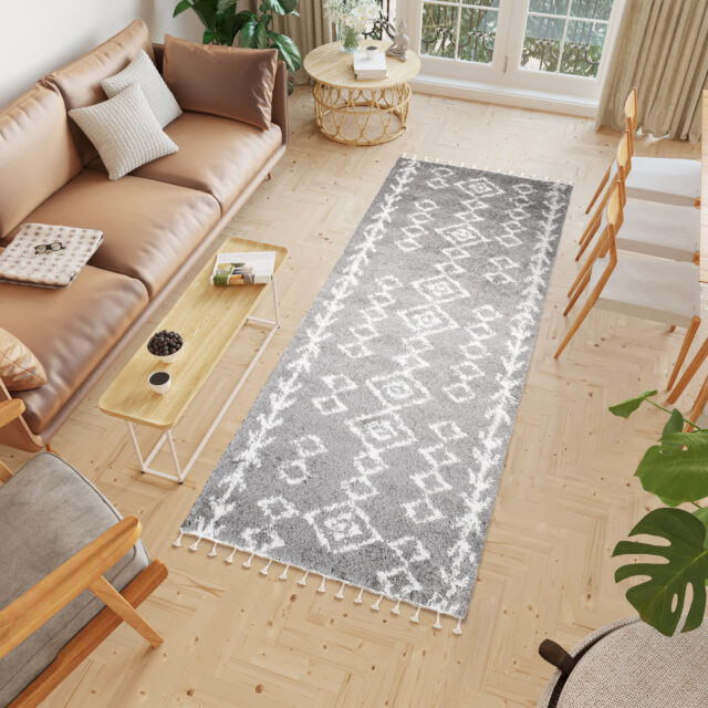 Tapijt Loper Boho met Franjes Grijs Geometrisch Hoogpolig