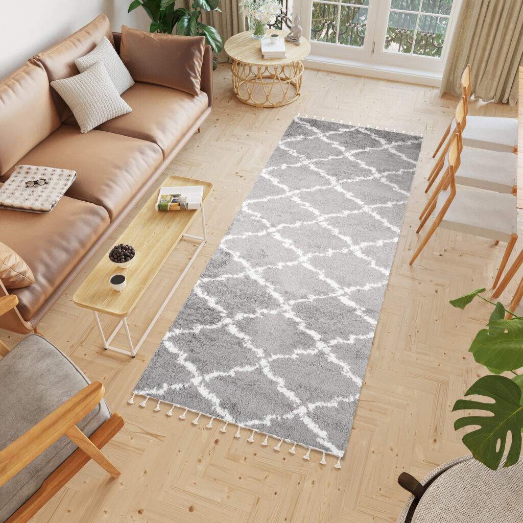 Tapijt Loper Boho met Franjes Grijs Trellis Hoogpolig