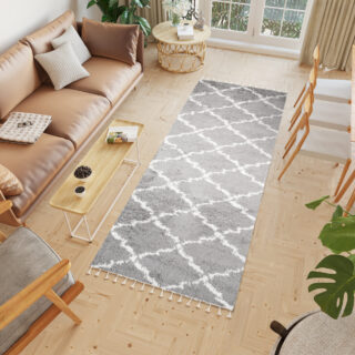 Tapijt Loper Boho met Franjes Grijs Trellis Hoogpolig