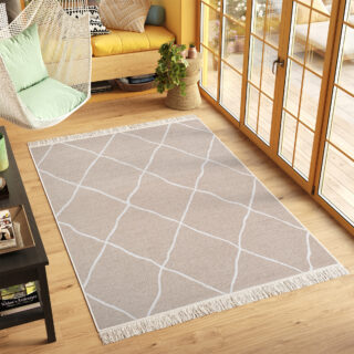 Vloerkleed Azteca Katoen Beige Ruit met Franjes