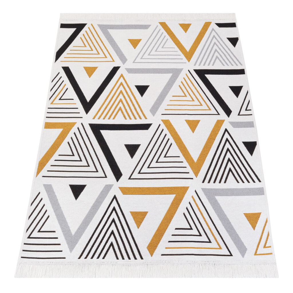 Vloerkleed Azteca Katoen Wit Zwart Geel met Franjes