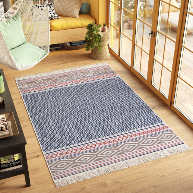 Vloerkleed Azteca Katoen Blauw Rood met Franjes
