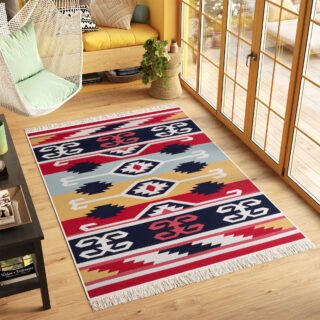 Vloerkleed Azteca Katoen Rood Blauw met Franjes