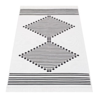 Vloerkleed Azteca Katoen Wit Zwart met Franjes