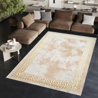 Vloerkleed Ares Goudkleur Beige Frame Abtract
