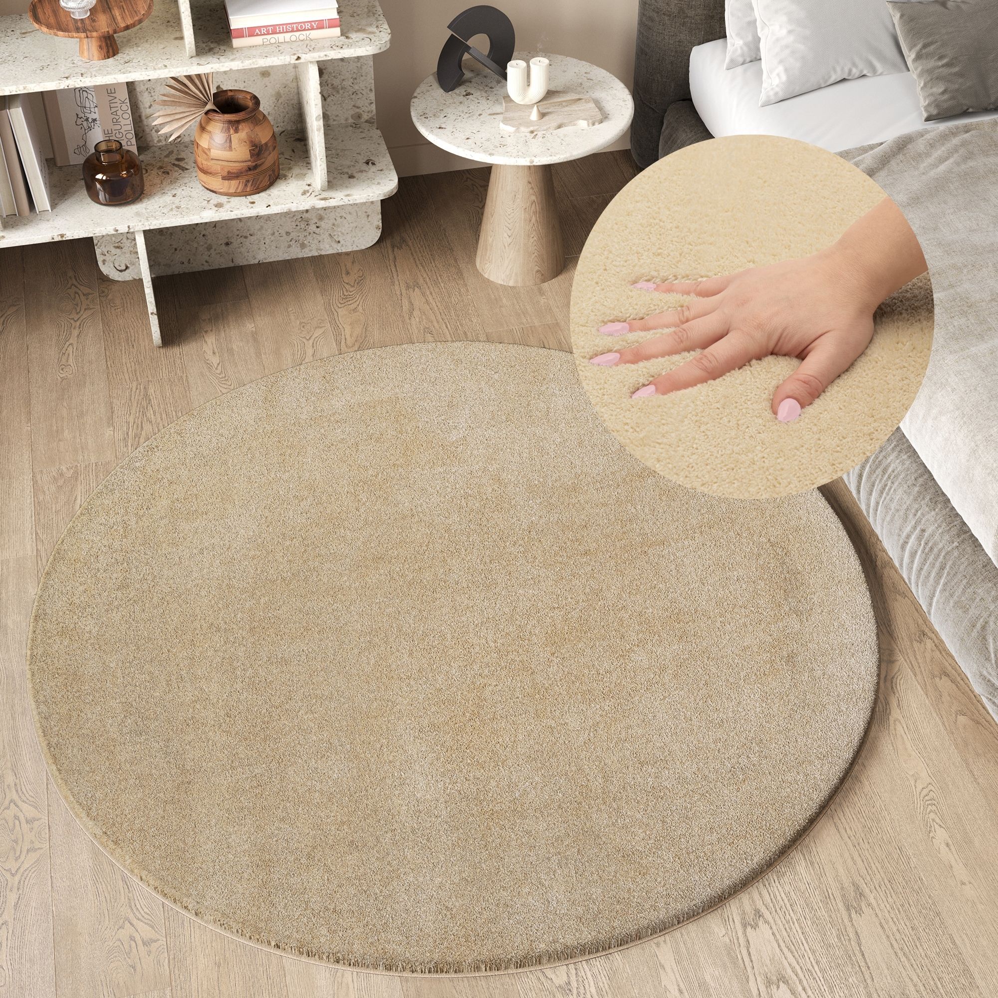 Vloerkleed Cuddle Rond Antislip Beige Hoogpolig