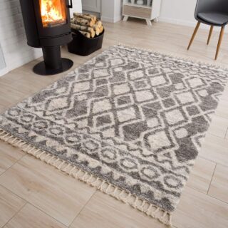 Vloerkleed Versay Fringes Donkergrijs Creme Boho Kwastjes