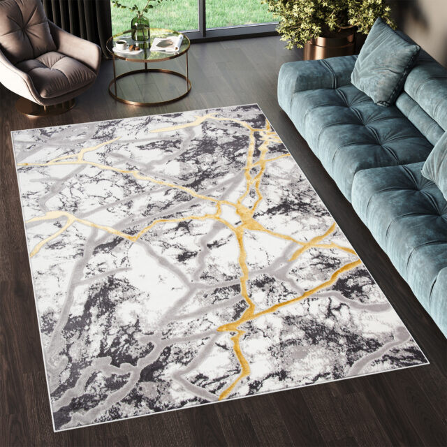 Vloerkleed Shine Grijs Goudkleur Abstract Marmer 3D-Effect