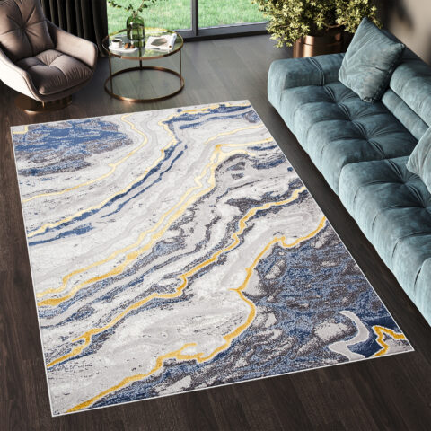 Vloerkleed Shine Grijs Blauw Goud Golven Lijnen Abstract