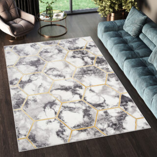 Vloerkleed Shine Grijs Goudkleur Zeshoek Geometrisch 3D-Effect