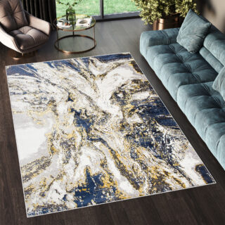Vloerkleed Shine Marineblauw Creme Goudkleur Abstract 3D-Effect