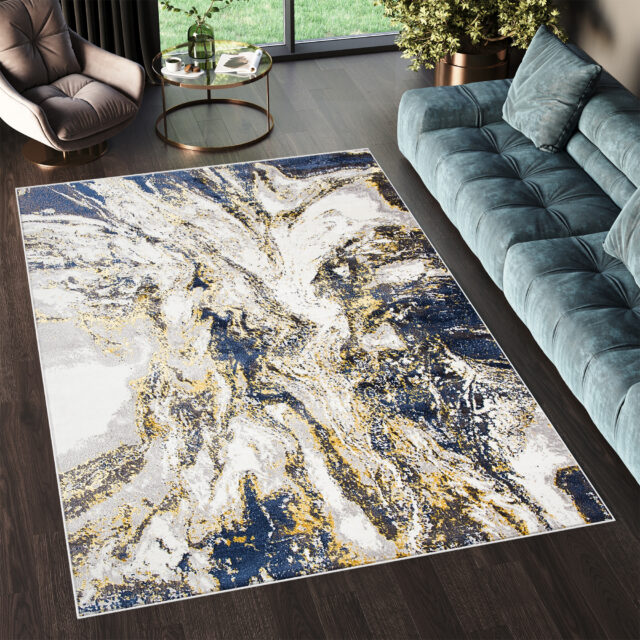 Vloerkleed Shine Marineblauw Creme Goudkleur Abstract 3D-Effect