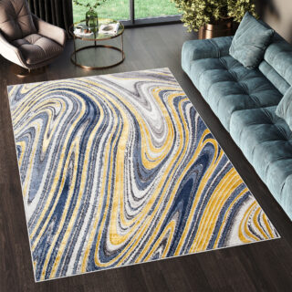Vloerkleed Shine Goudkleur Blauw Grijs Abstract 3D-Effect
