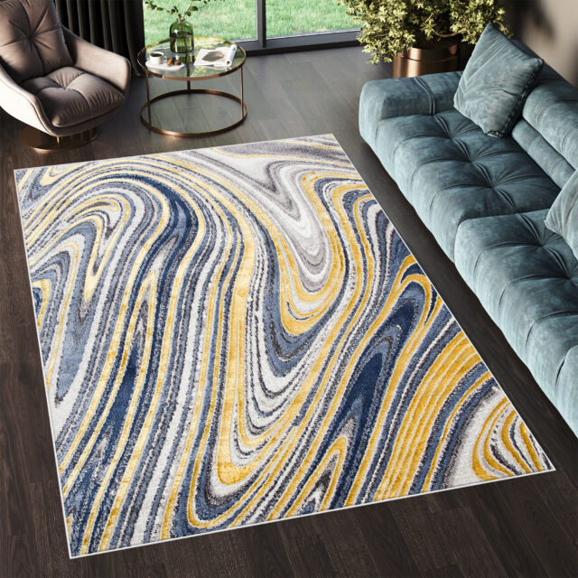 Vloerkleed Shine Goudkleur Blauw Grijs Abstract 3D-Effect